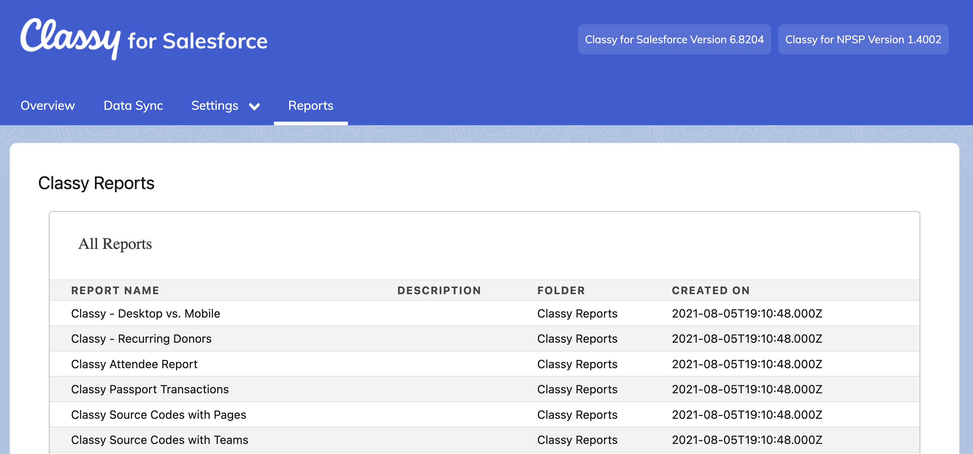 An image of the Reports tab on the Classy for Salesforce Control Panel