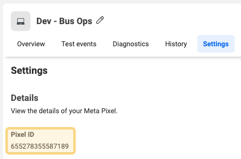 Screenshot of the Meta Conversions API page with Pixel ID highlighted