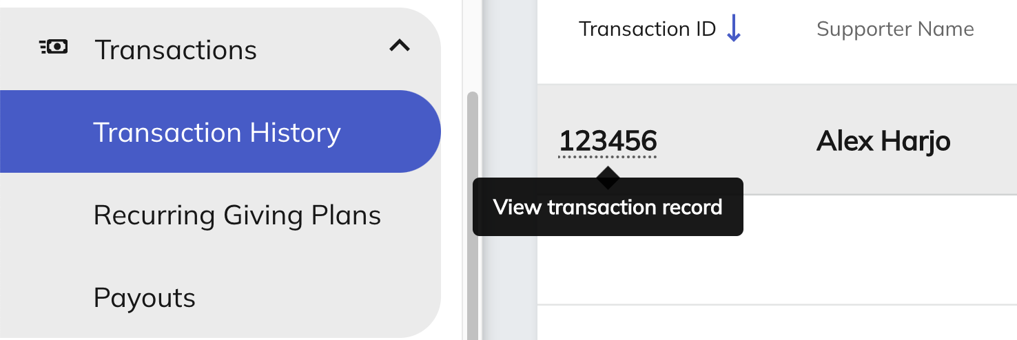 Screenshot of the transaction id in Classy manager
