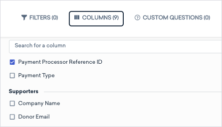 an image of the columns button and the payment processor reference ID checkbox