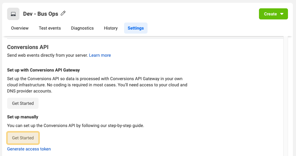 Screenshot of the Conversions API page with Get Started highlighted