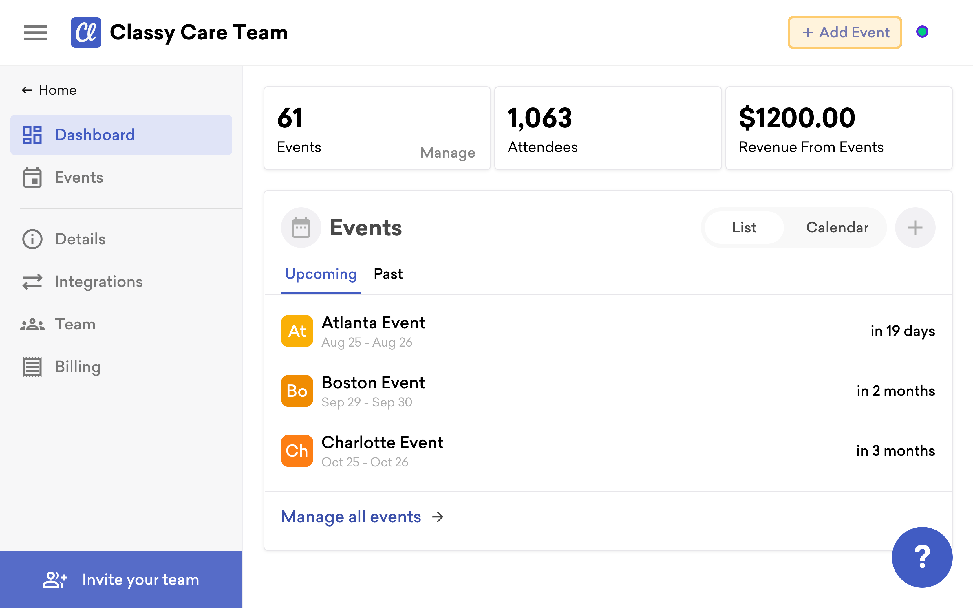 screenshot of the classy live organization dashboard with add event highlighted