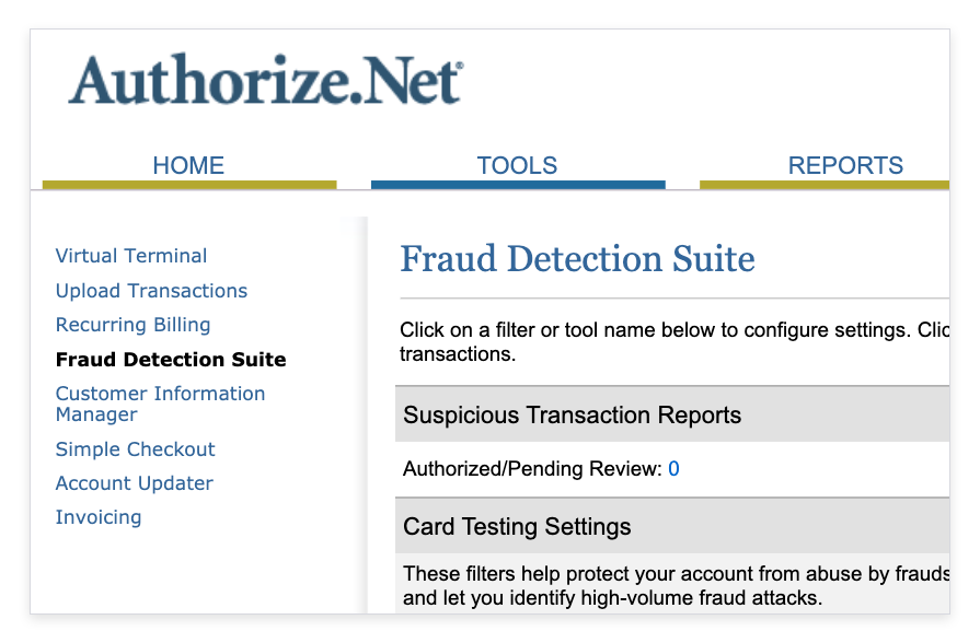 image of the fraud detection suite under tools in authorize.net