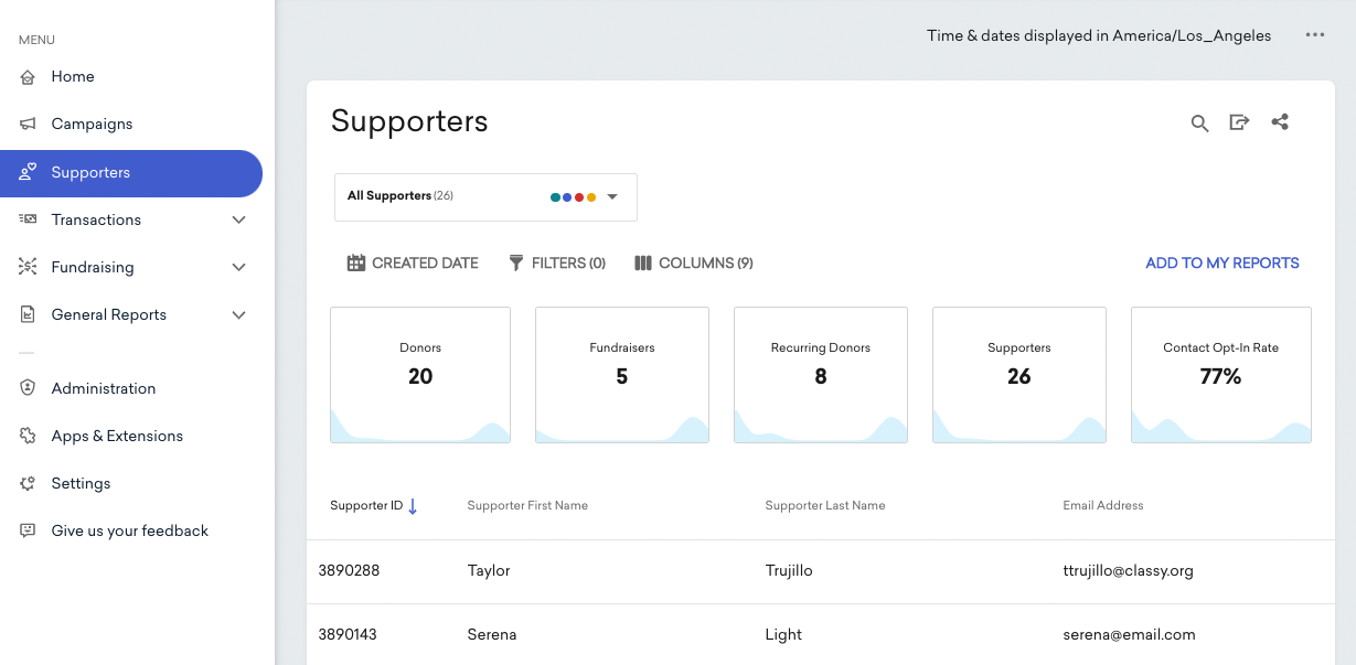 Supporters page in Classy Manager