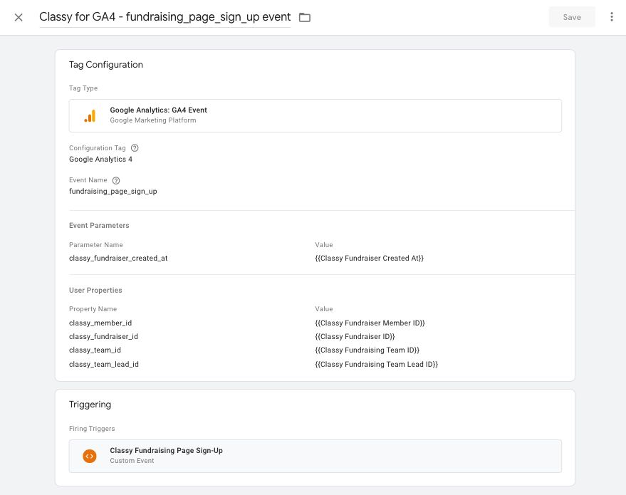 screenshot of the fundraising_page_sign_up event tag in GTM