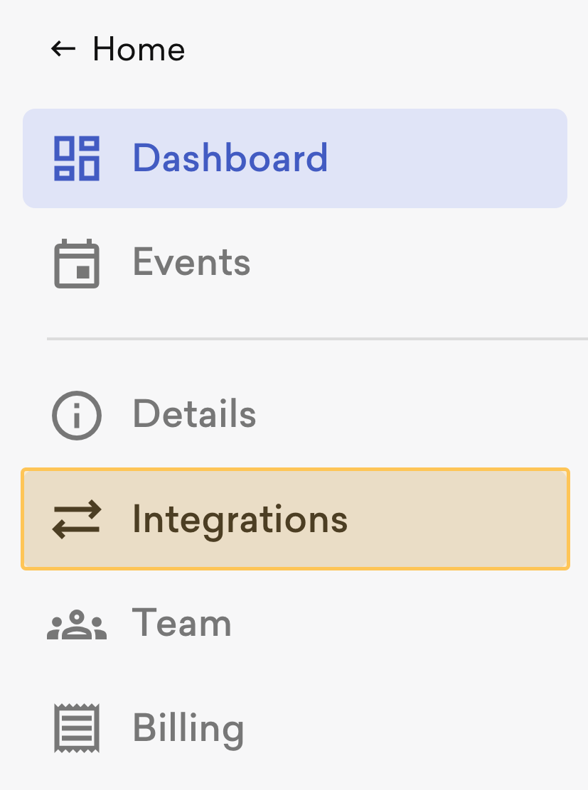 Organization dashboard with Integrations highlighted