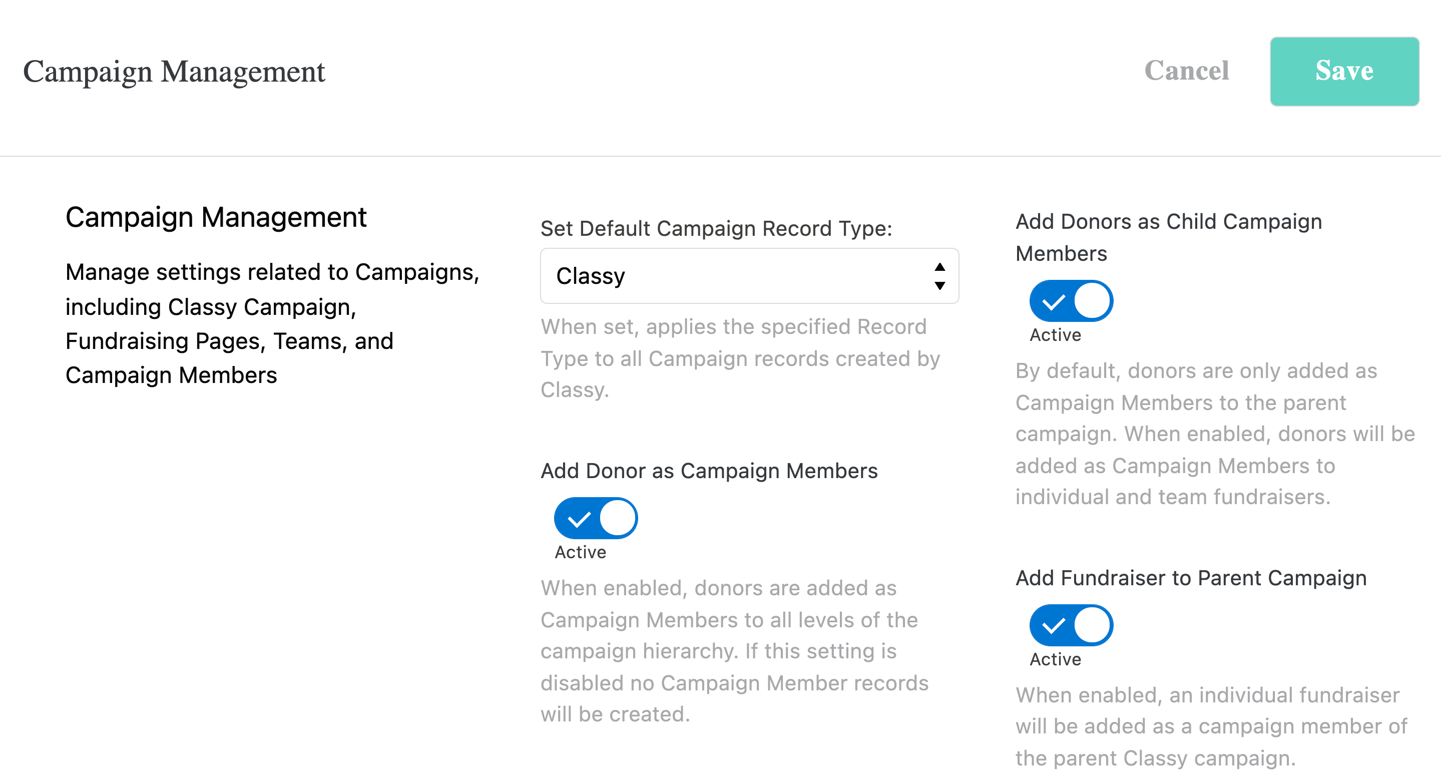 screenshot of the campaign management settings tab