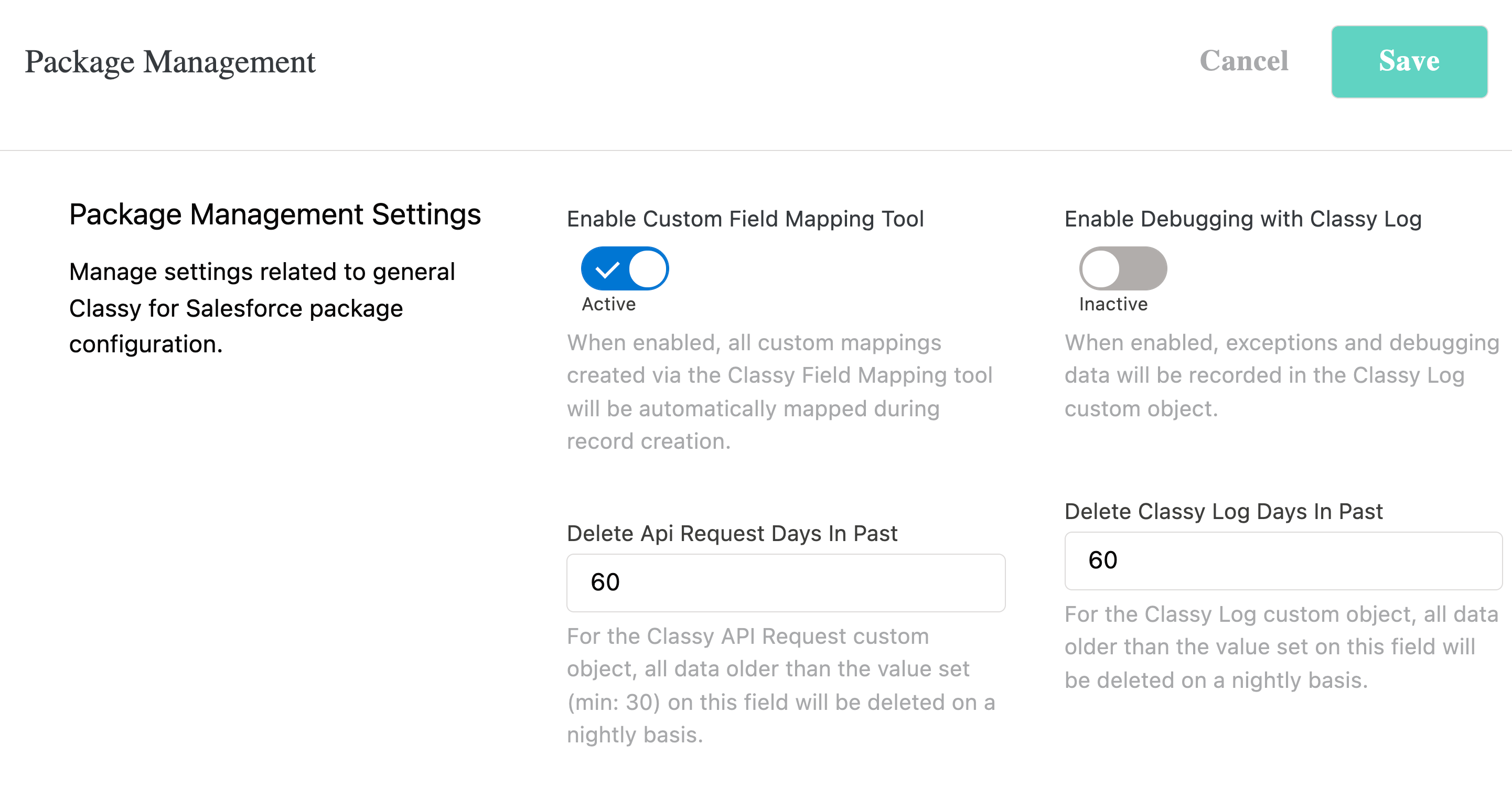 screenshot of the package management settings tab