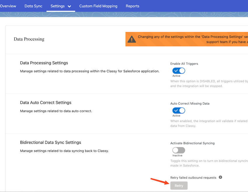 screenshot of button to retry outbound requests
