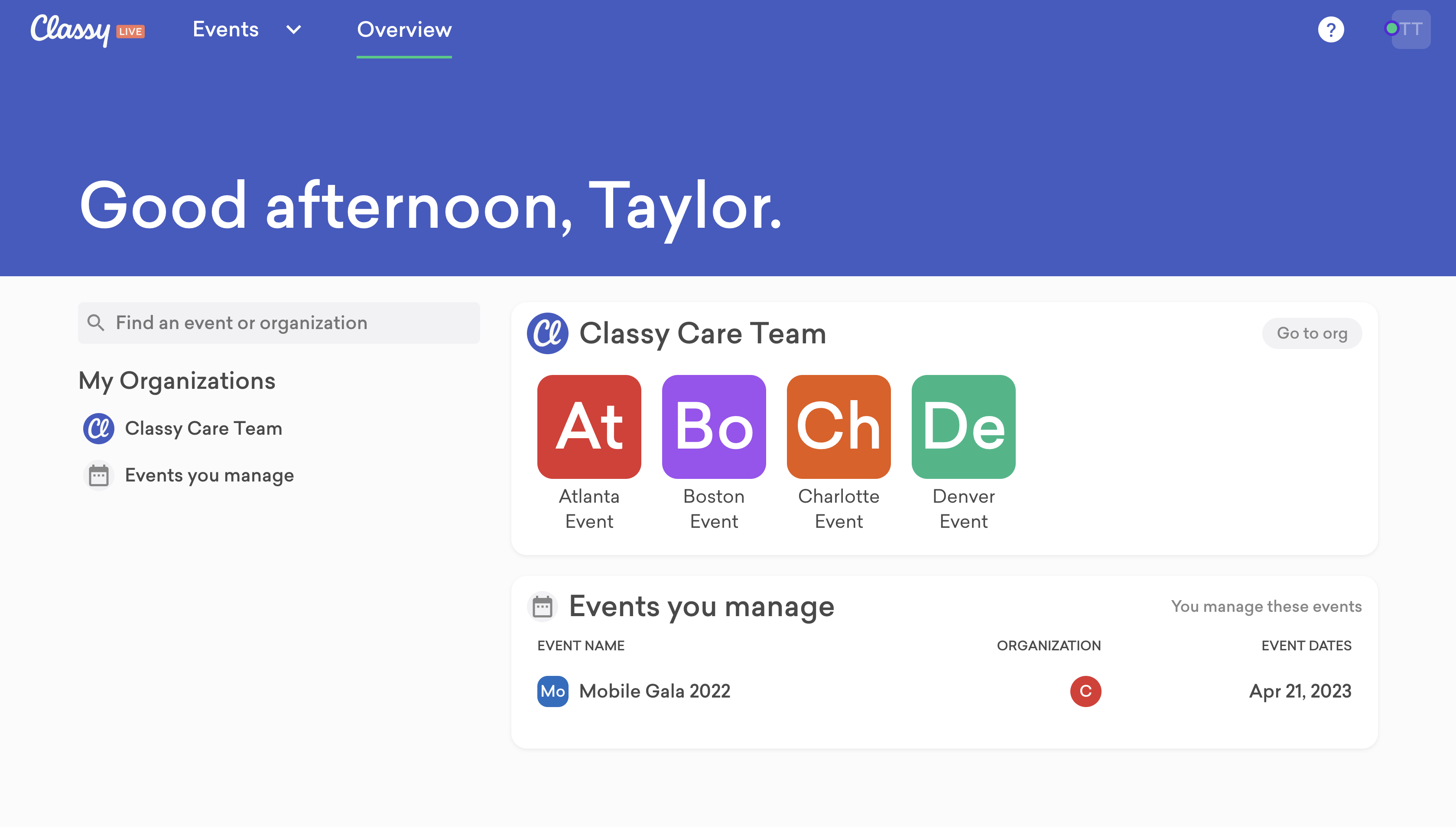 Screenshot of the classy live homepage