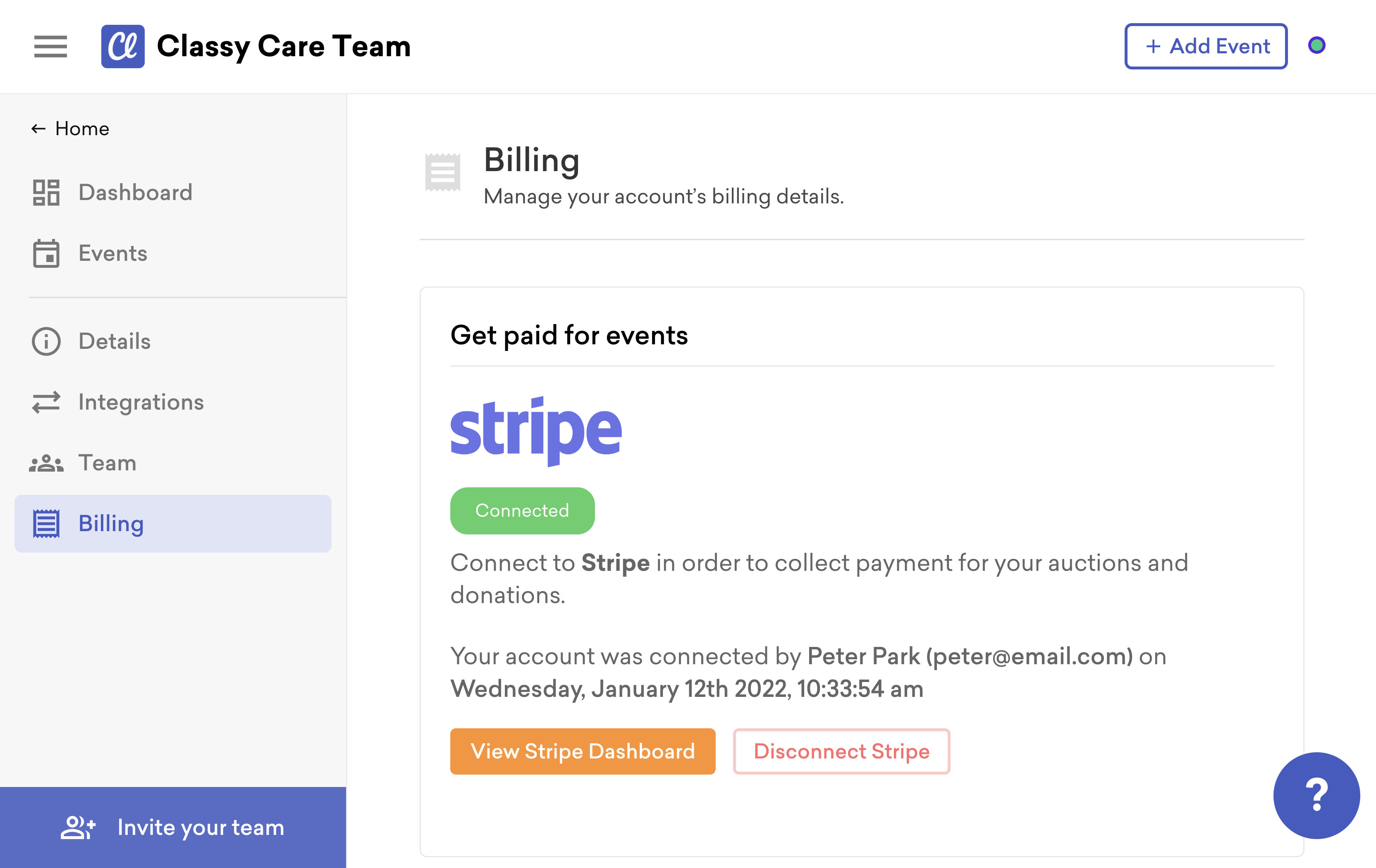 screenshot of the billing menu