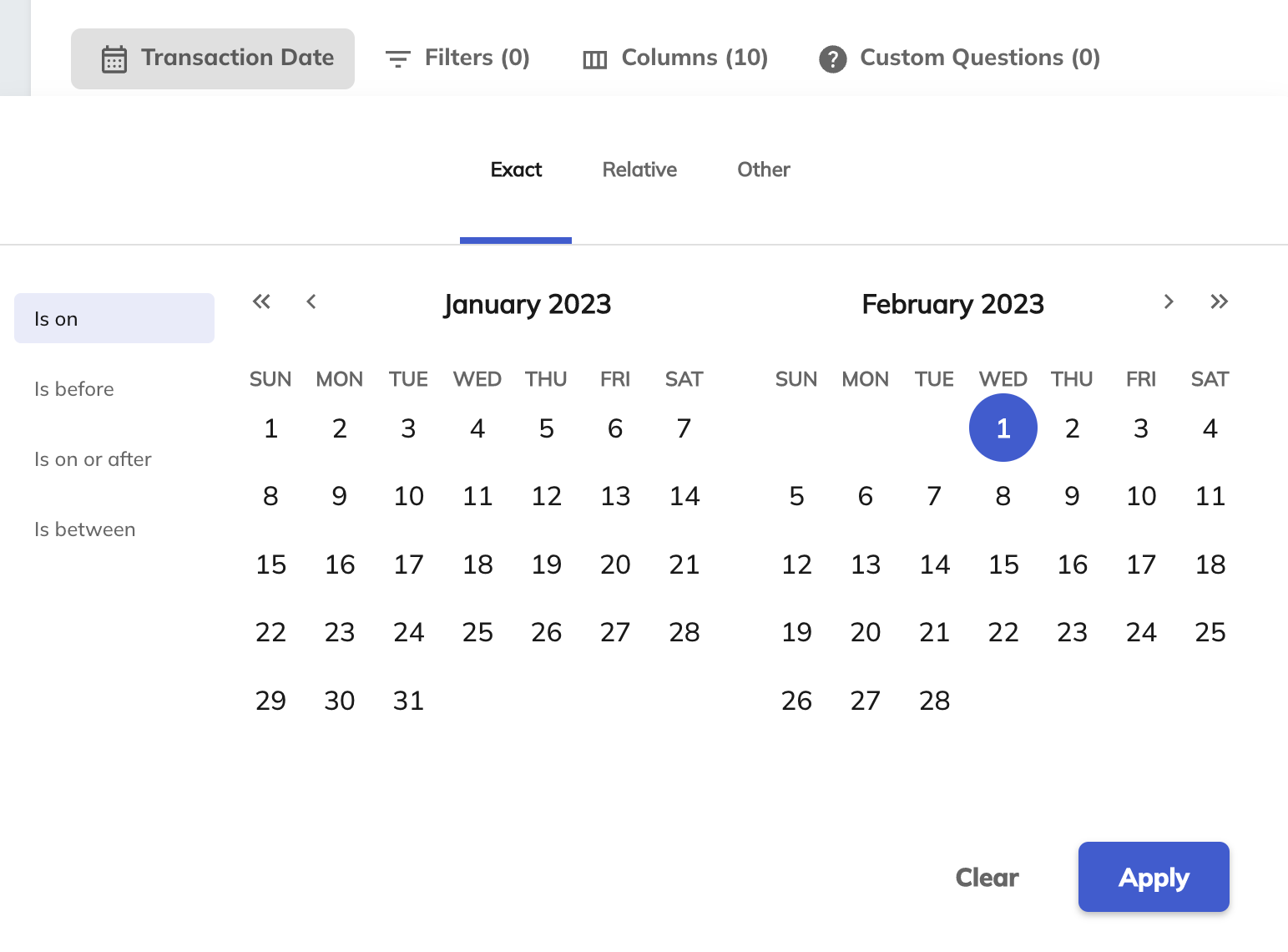 Screenshot of the filter by date options