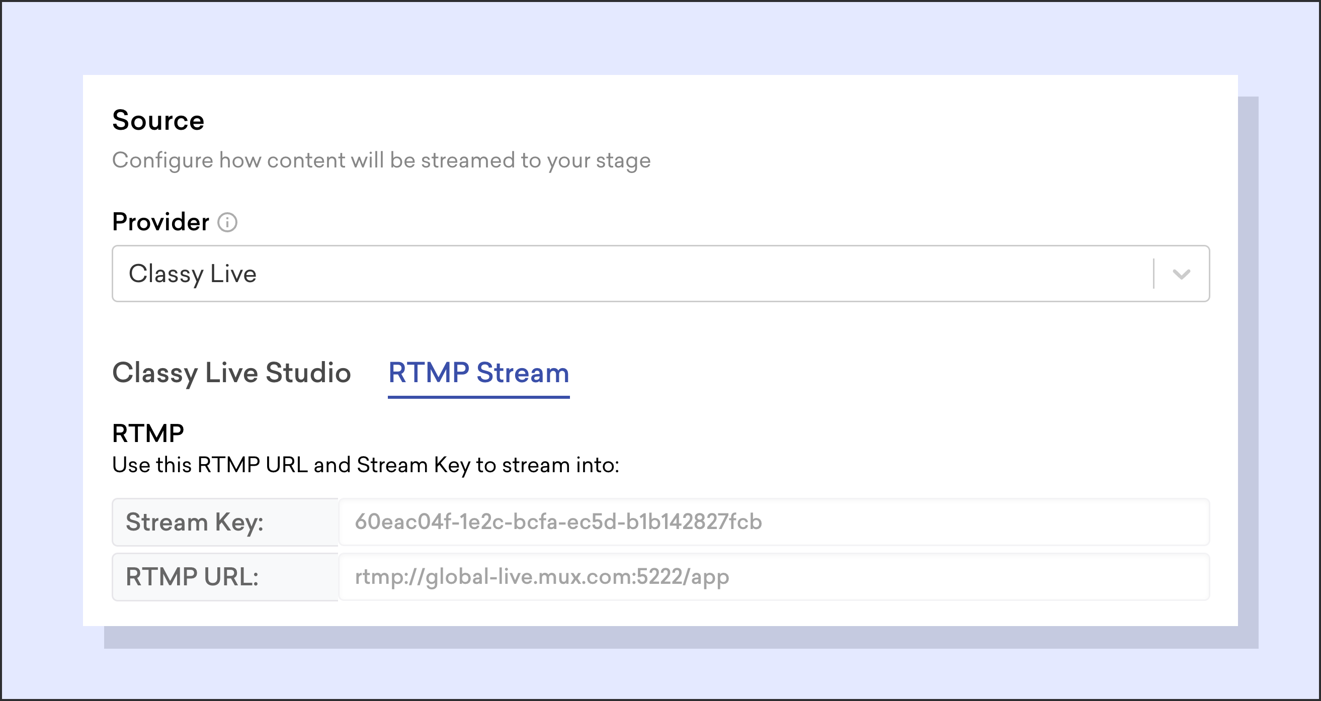 Screenshot of the RTMP stream information on Classy Live