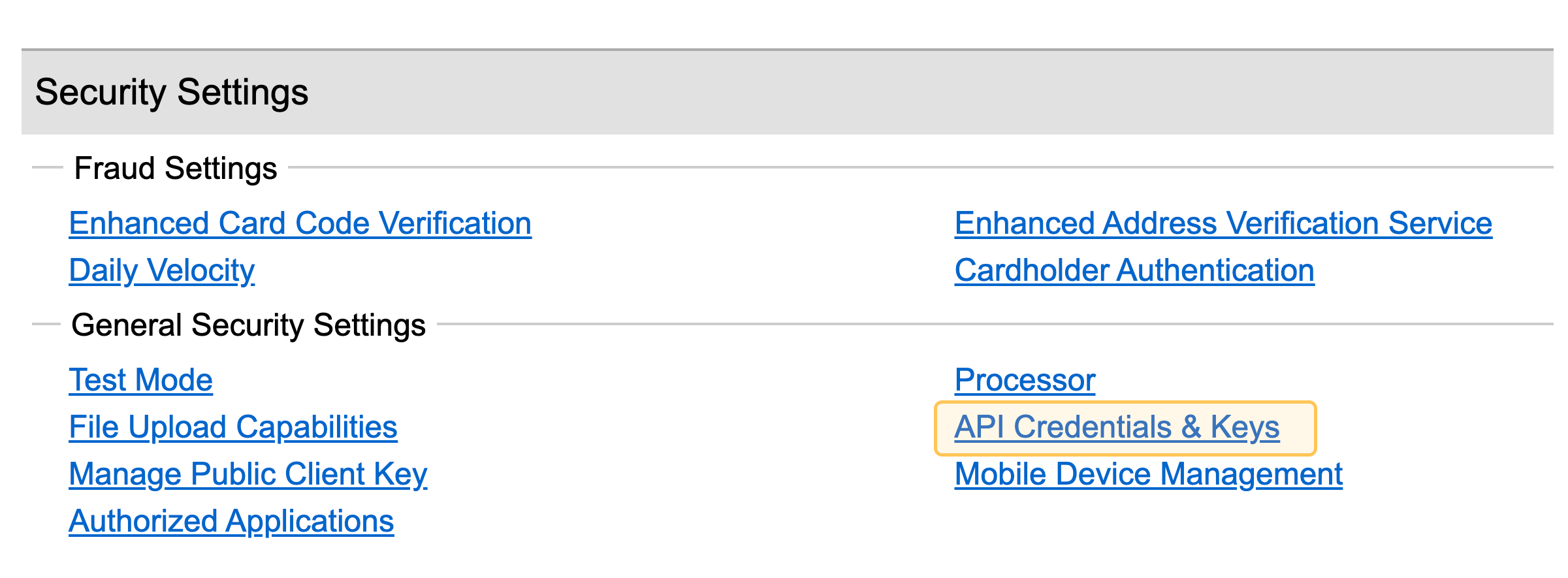 Screenshot of Authorize.net's settings page