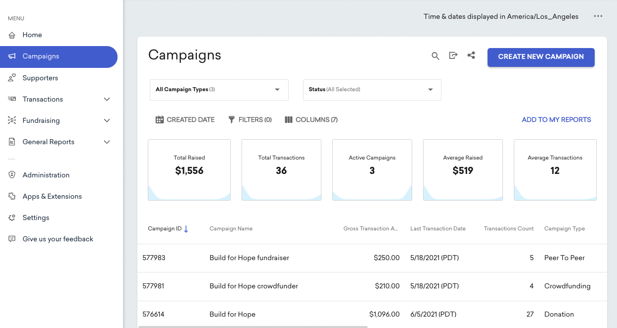 Campaigns page in Classy Manager