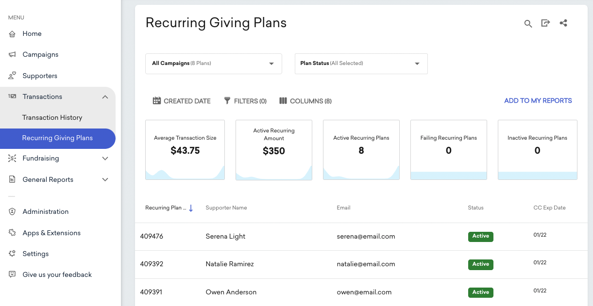 a screenshot of the recurring giving plans page in Classy Manager