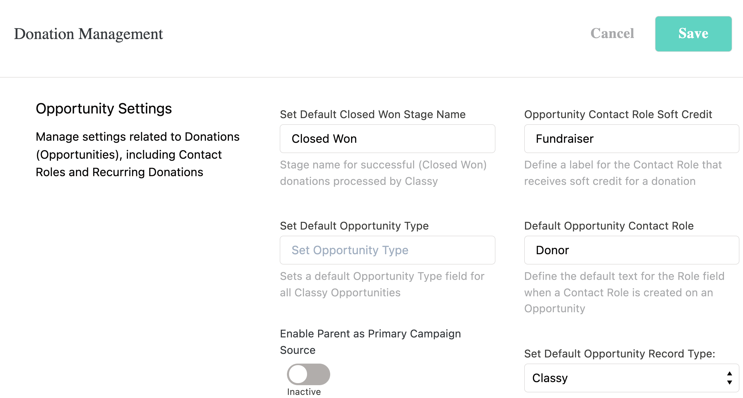 screenshot of the donation management settings tab