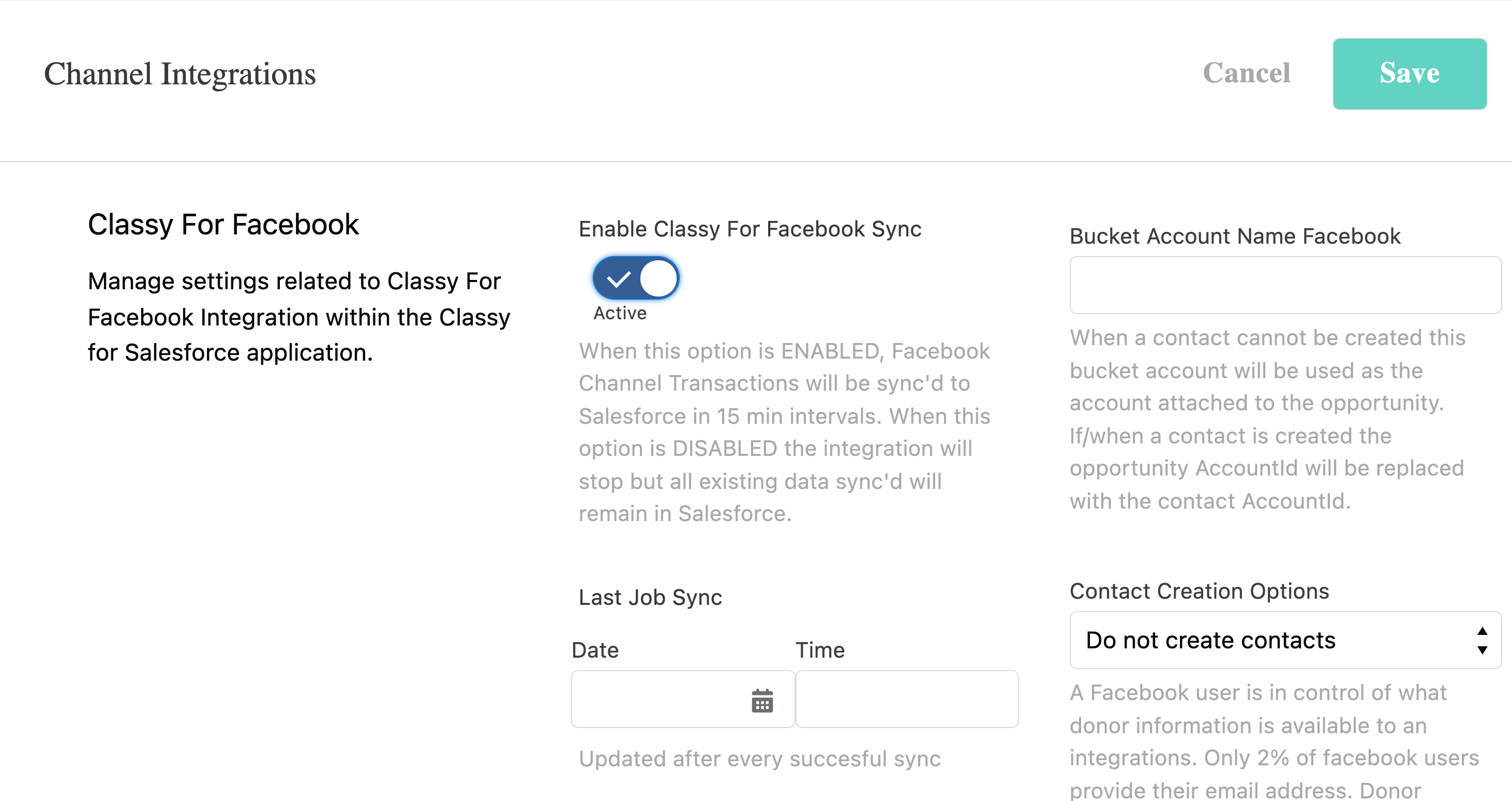screenshot of the classy for facebook settings tab