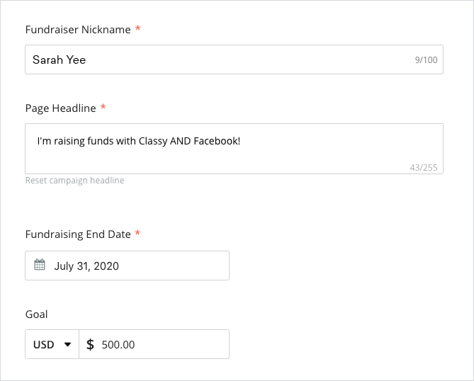 an image of the options for editing a fundraising page