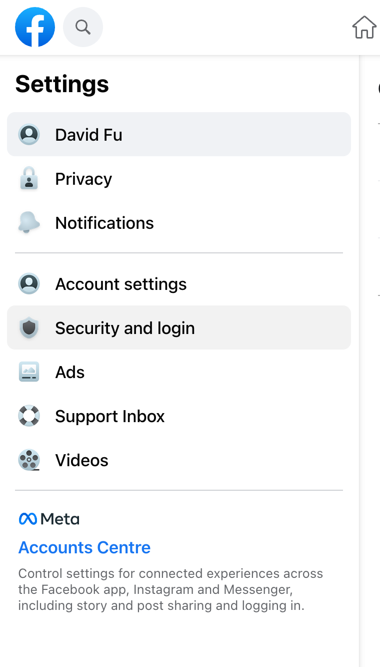 screenshot of the security and login menu item in facebook