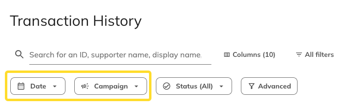 image of filters in Classy transaction report