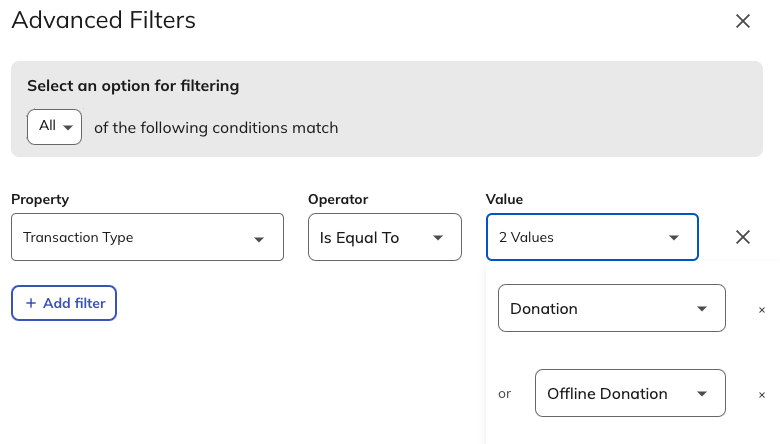 image of advanced filters for transaction type