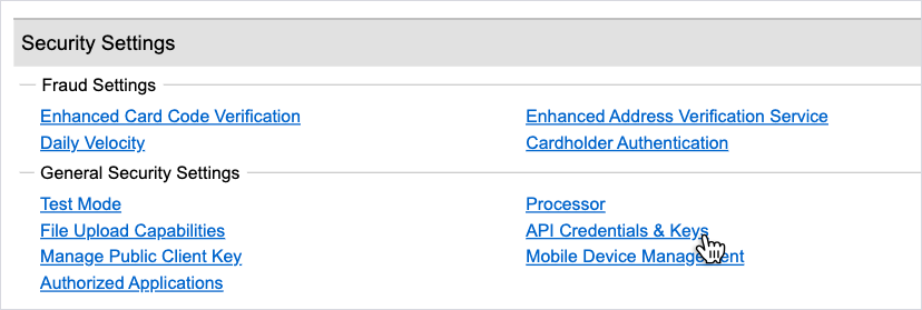 image of the api credentials and keys option in authorize.net