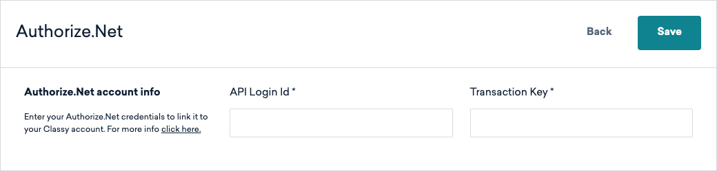 screenshot of the authorize fields in Classy