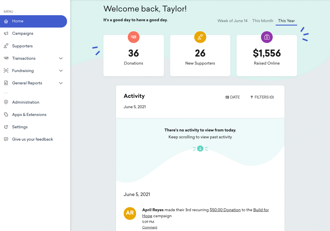 Classy homepage showing number of donations, supporters and amount raised this year.