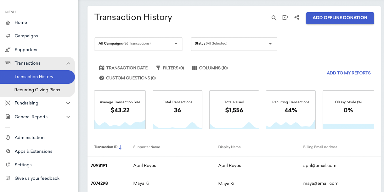 Transactions page in Classy Manager