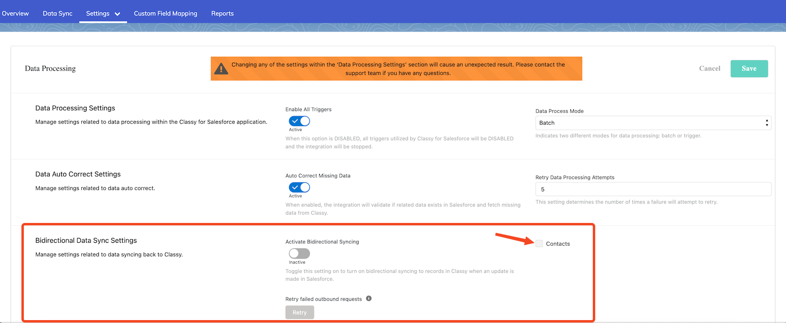 screenshot showing where to activate supporter bidirectional sync