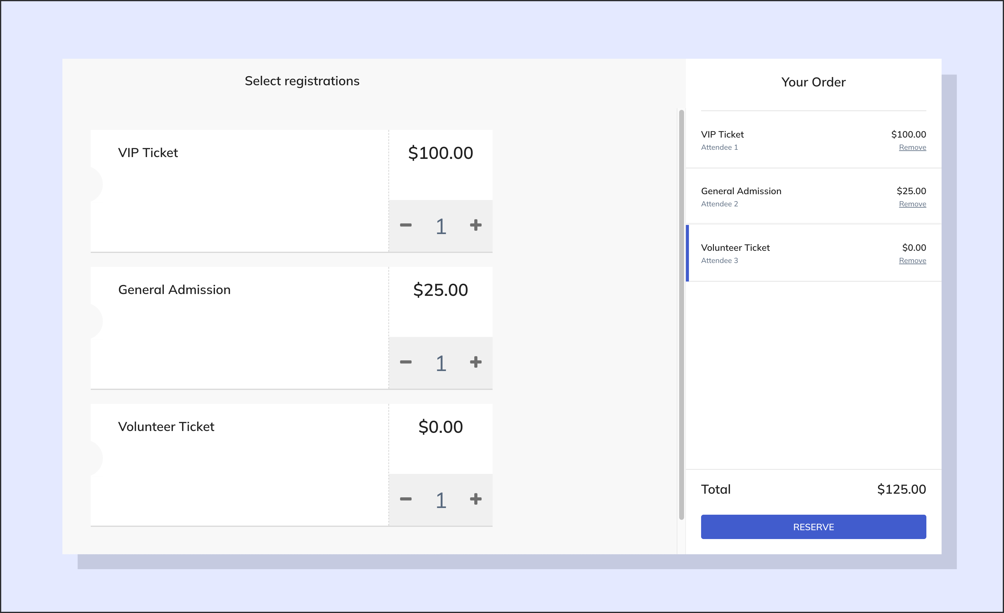 Screenshot of the ticket selection page
