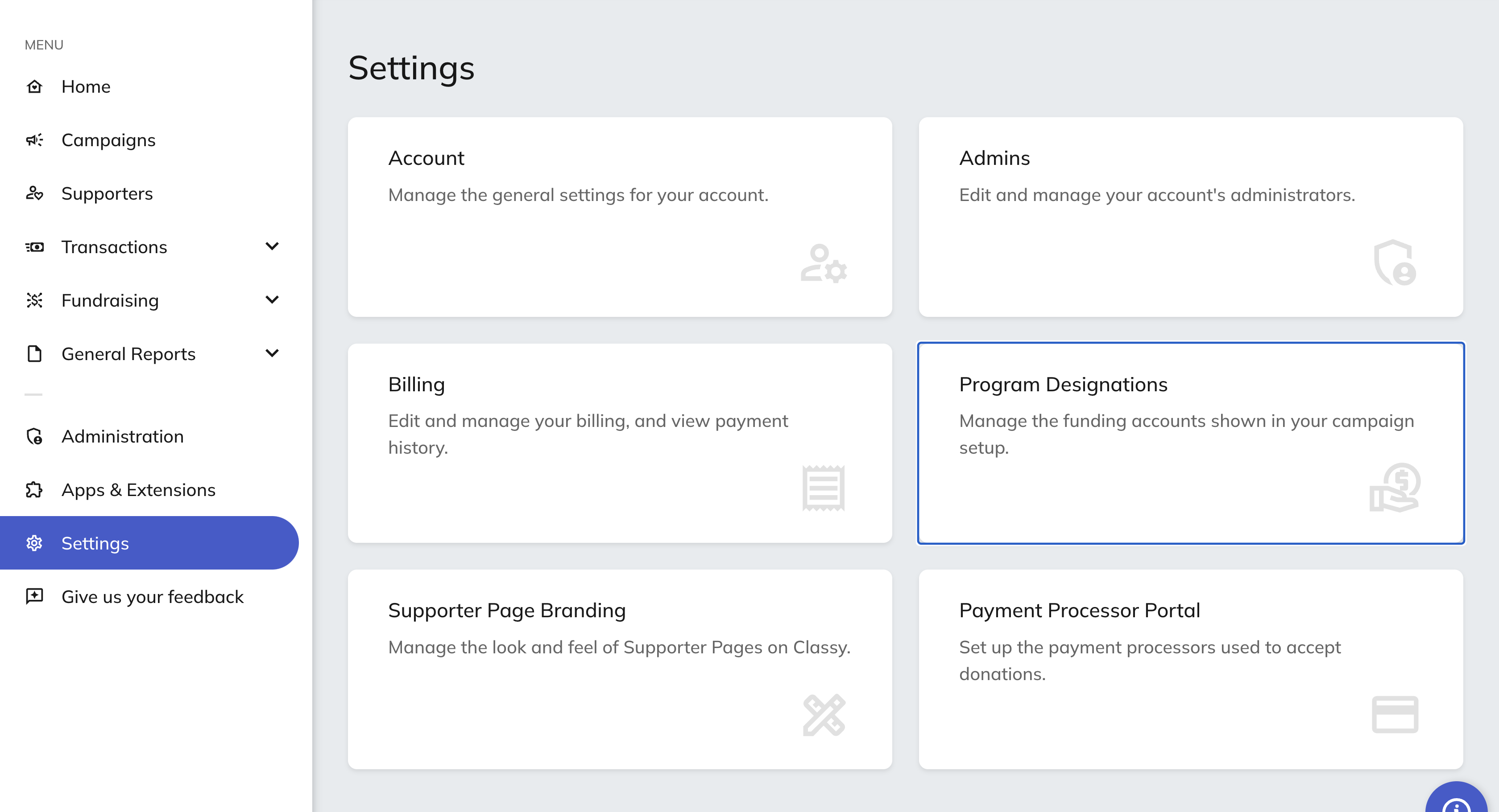 Screenshot of Classy program designation settings