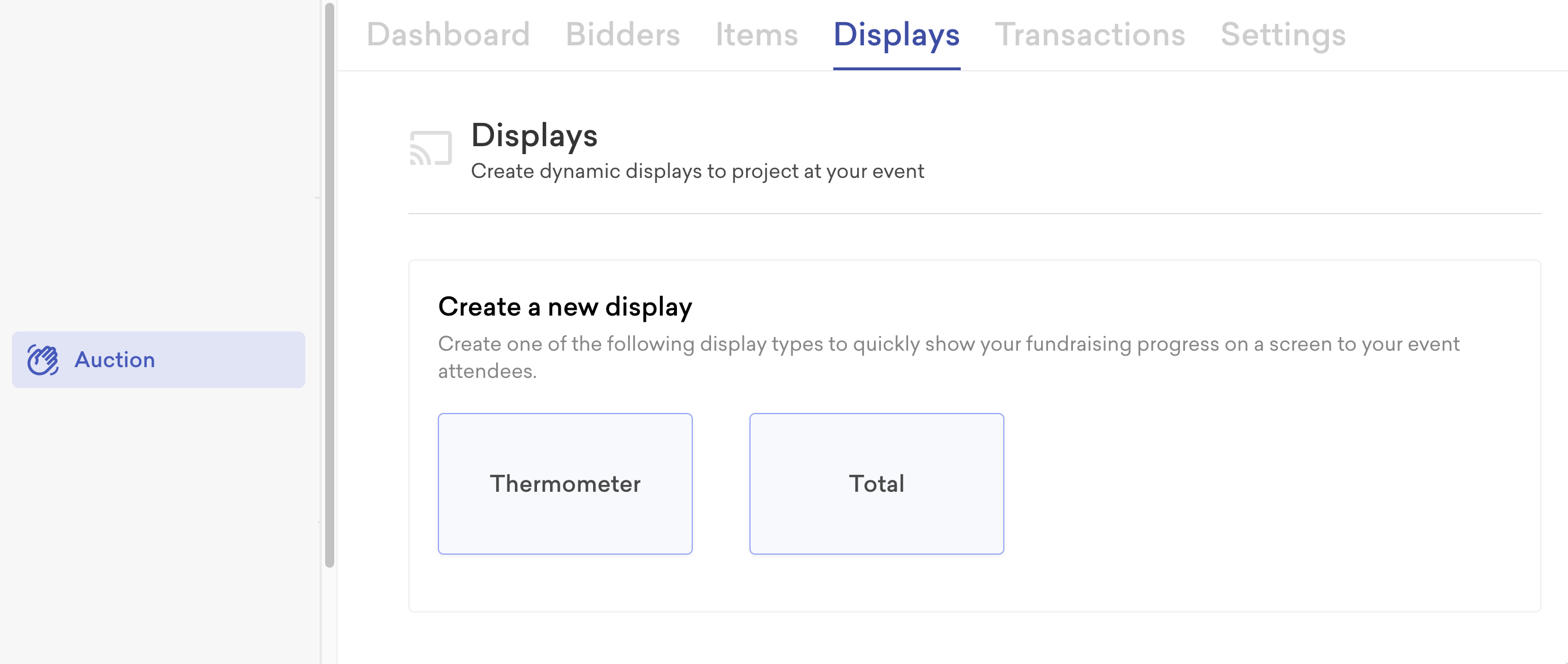 Screenshot of the displays tab in Classy Live auctions