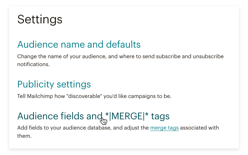 image of the audience fields and merge tags option under settings