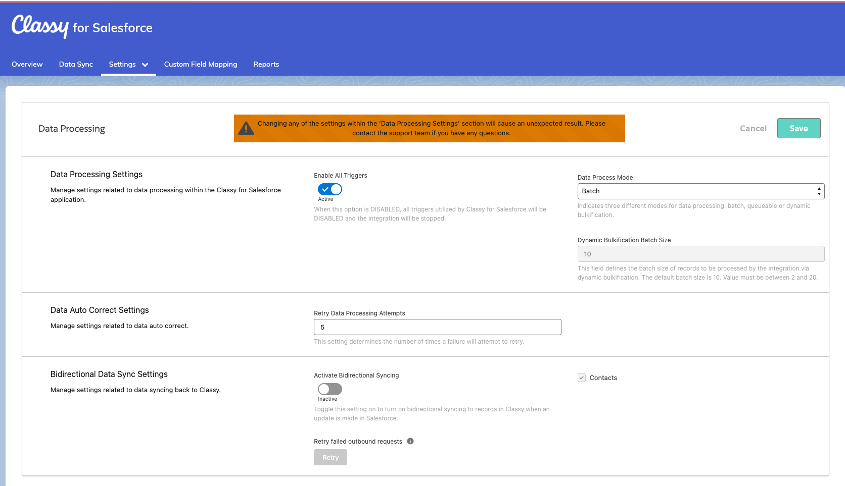 screenshot of the data processing settings tab