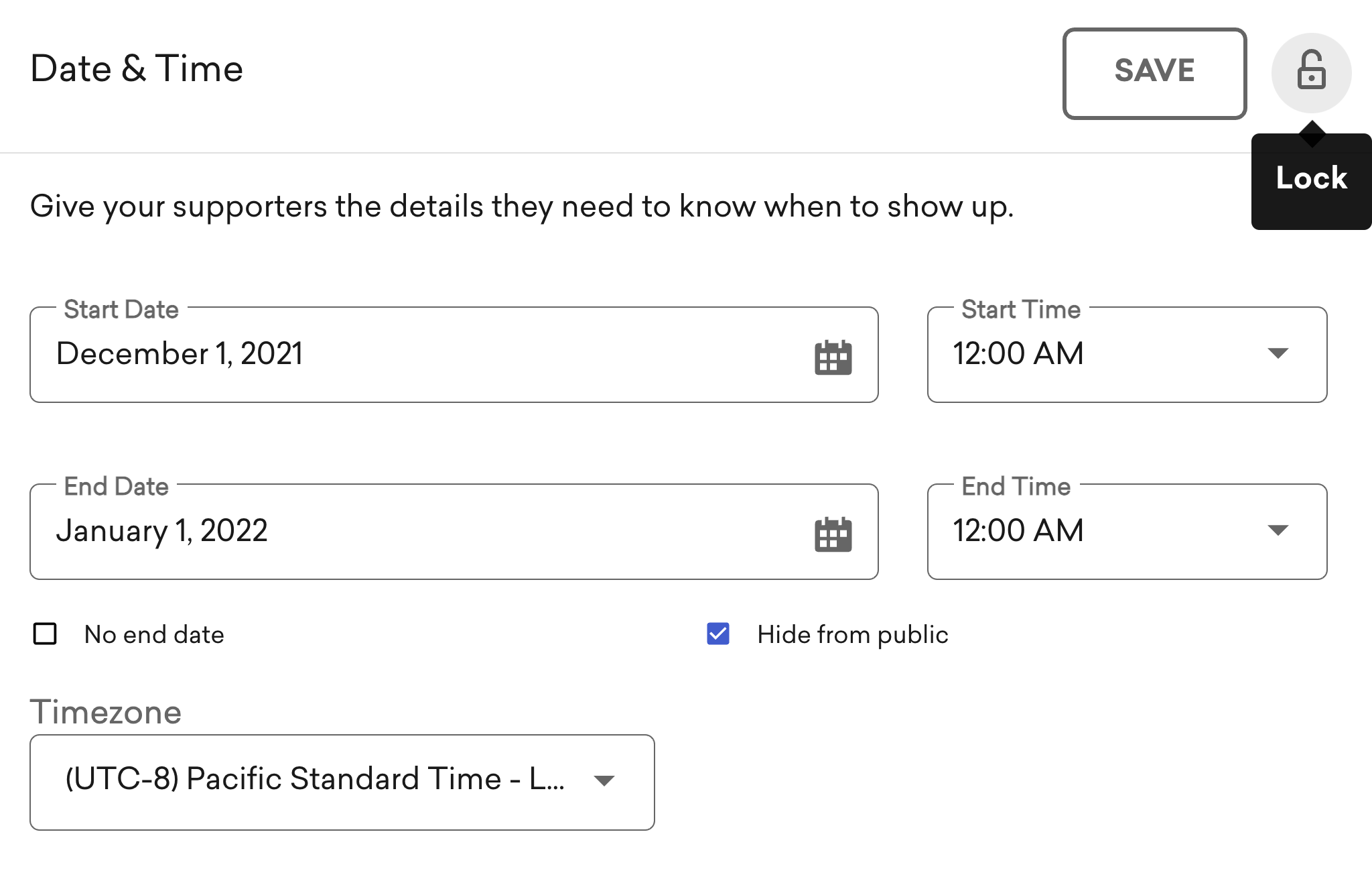 Screenshot of the Date & Time form with the lock icon highlighted
