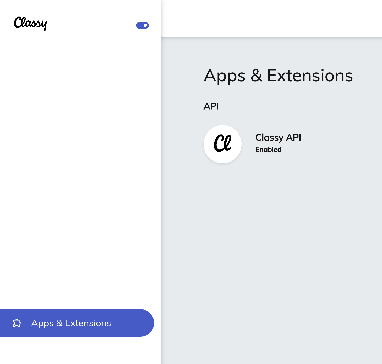screenshot of the Classy API menu item in Apps and Extensions