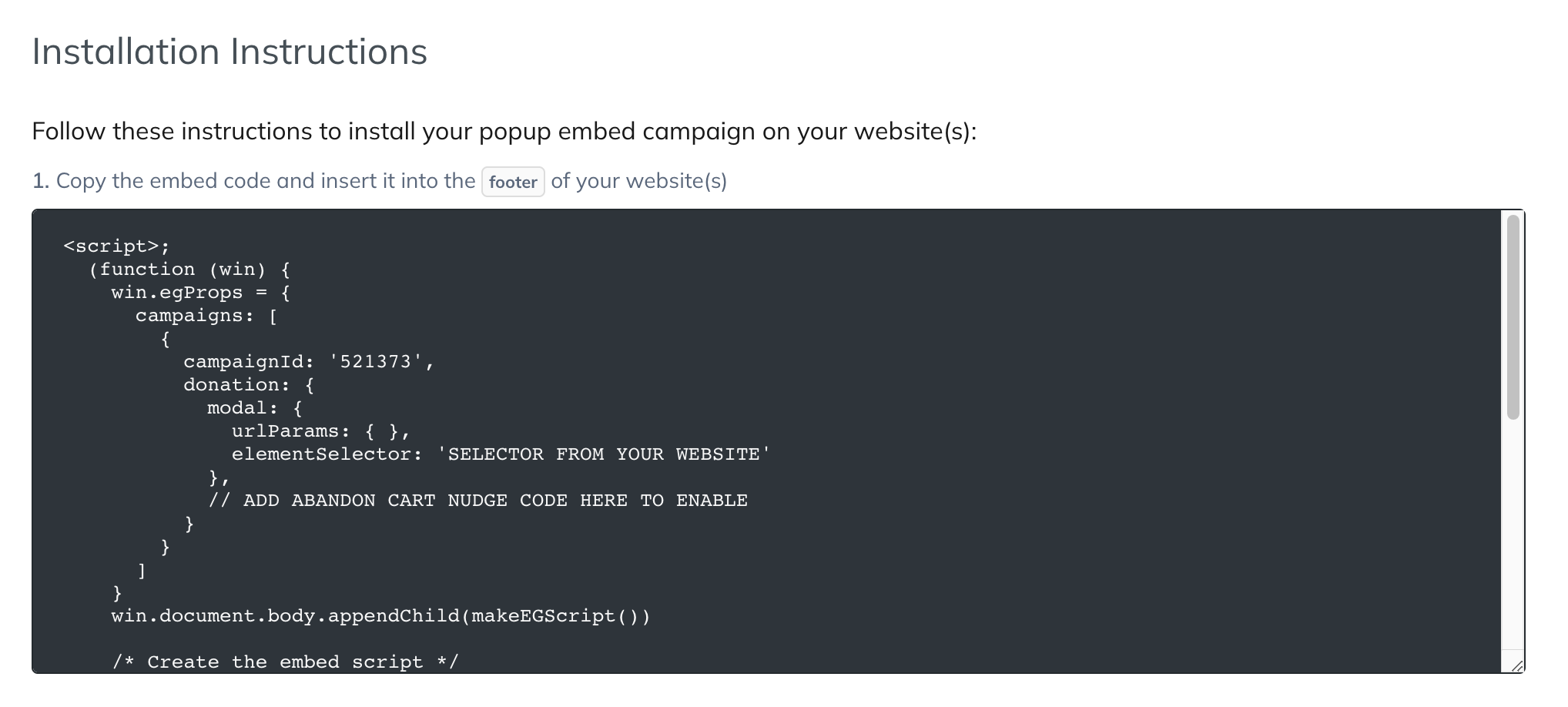 Embed code installation instructions