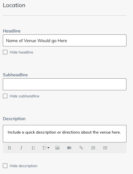 image of event location details within landing page design settings
