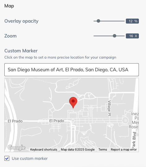 image of event location map settings within landing page design settings