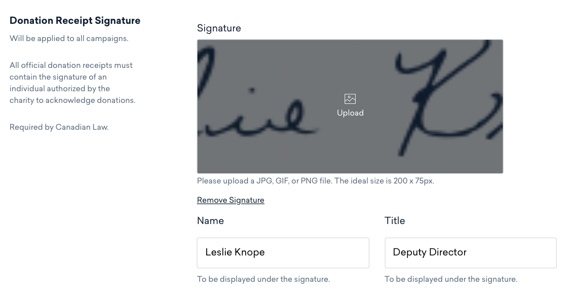 image of entering details for the donation receipt signature in settings
