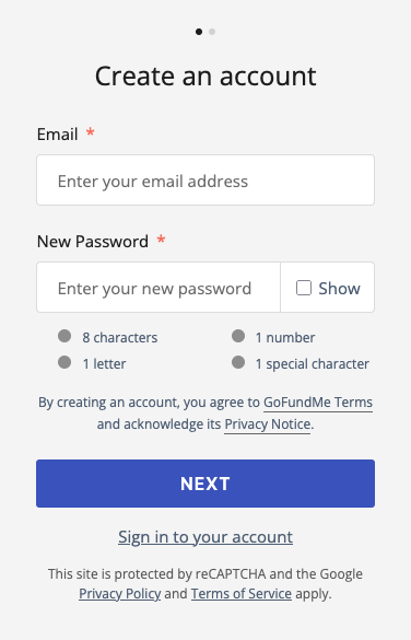 image of the create an account form