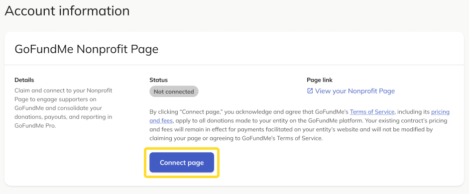 image of GoFundMe Nonprofit Page settings in Account settings menu