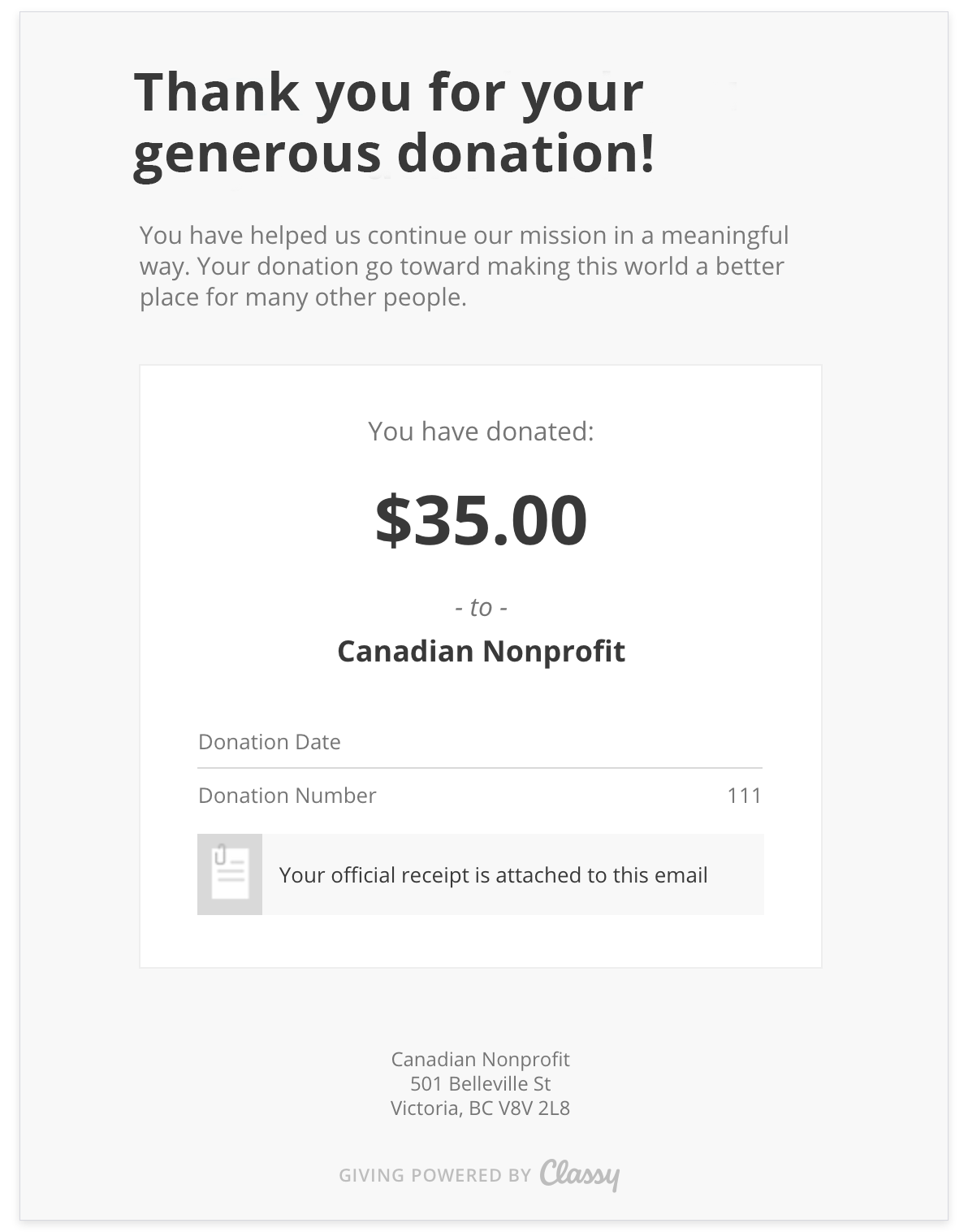 image of email confirmation when a donor gives to a Canadian organization