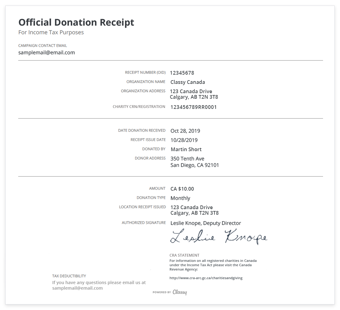 image of PDF receipt from a Canadian organization
