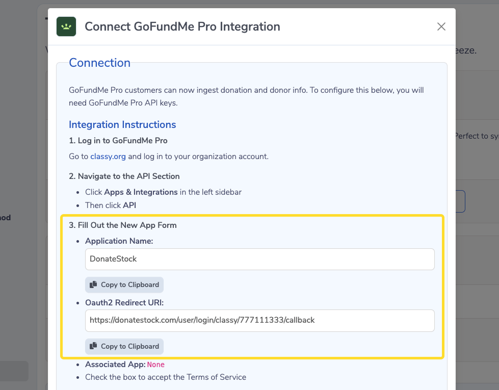 image of the GoFundMe Pro integration connection page in DonateStock