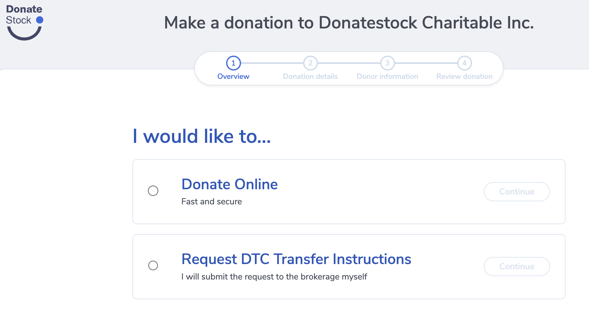 image of the supporter's view of donation options on a DonateStock page