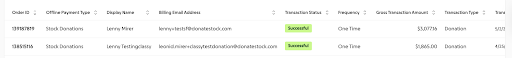 image of stock donation transactions in GoFundMe Pro reporting