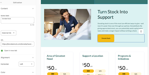 image of example button on a Studio campaign for donors